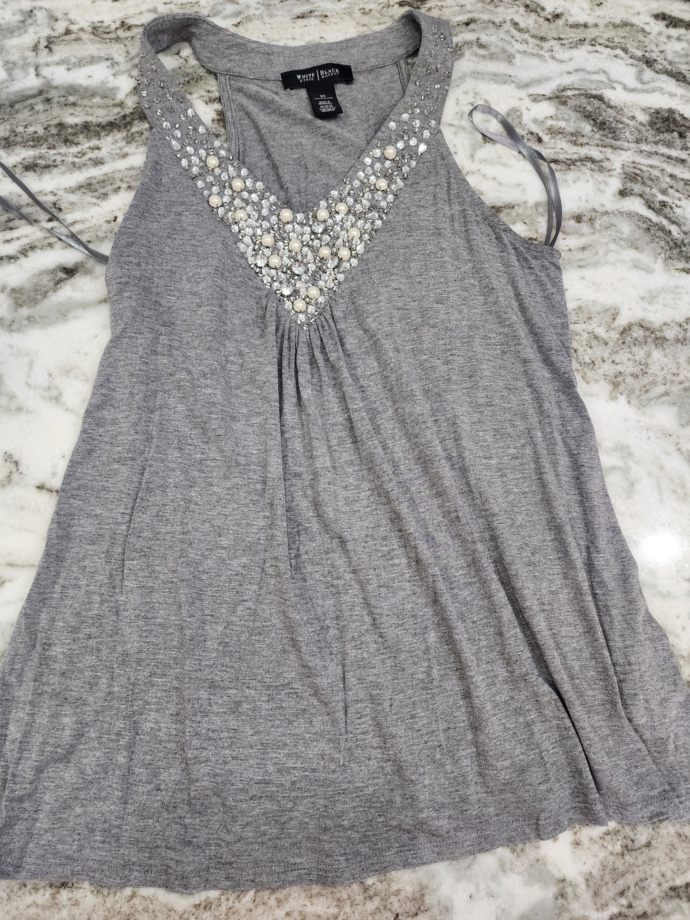 White House Black Market Gray V-Neck Embellished Tank Top